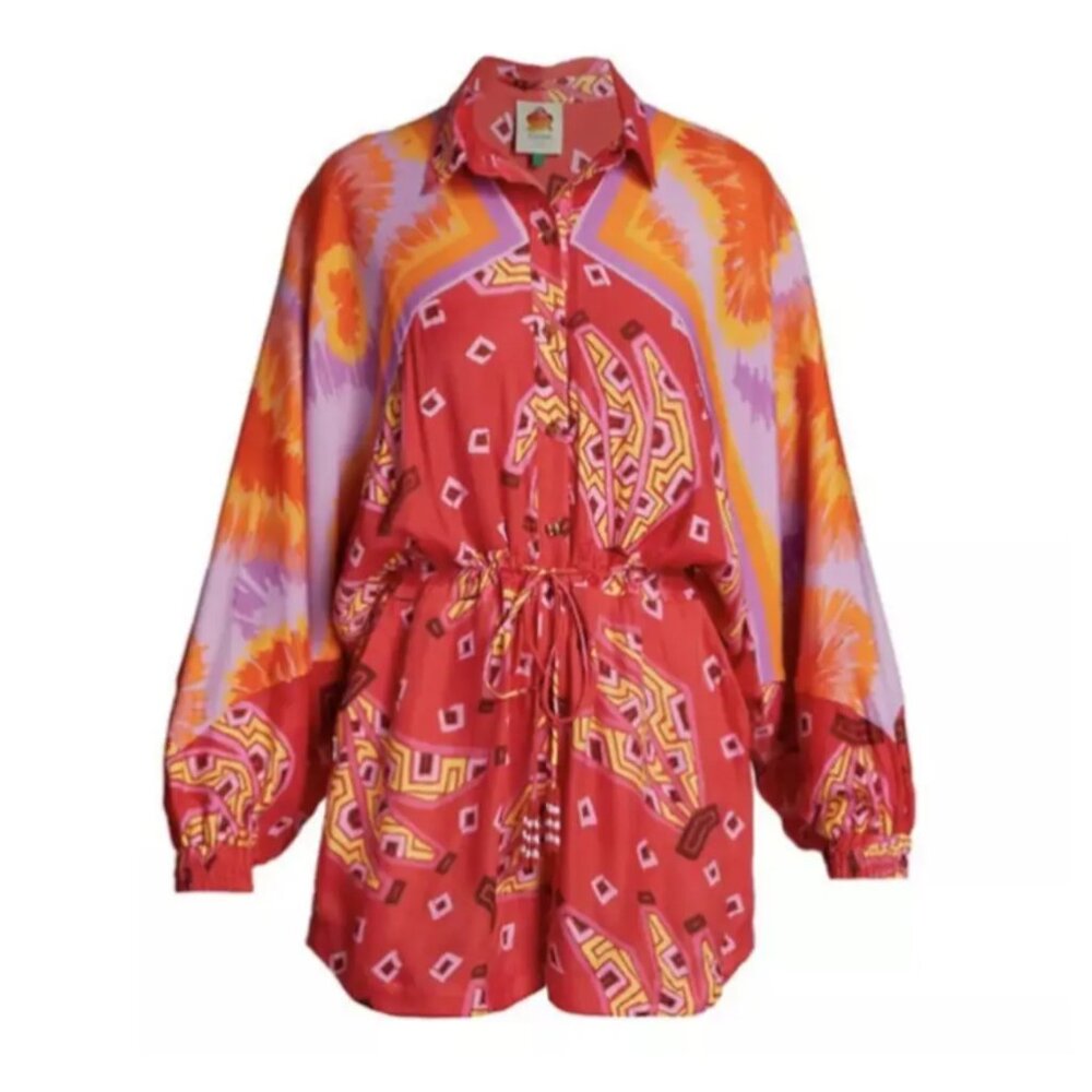 FARM RIO Silk Red Collared Jumpsuit Romper Floral Tie Dye Stripe Large